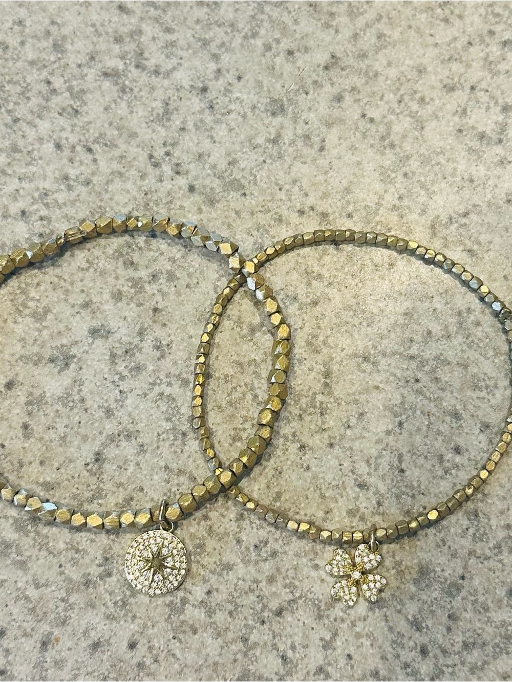 Gold Beaded Charm Stretch Bracelet Set with Compass and Clover Charms